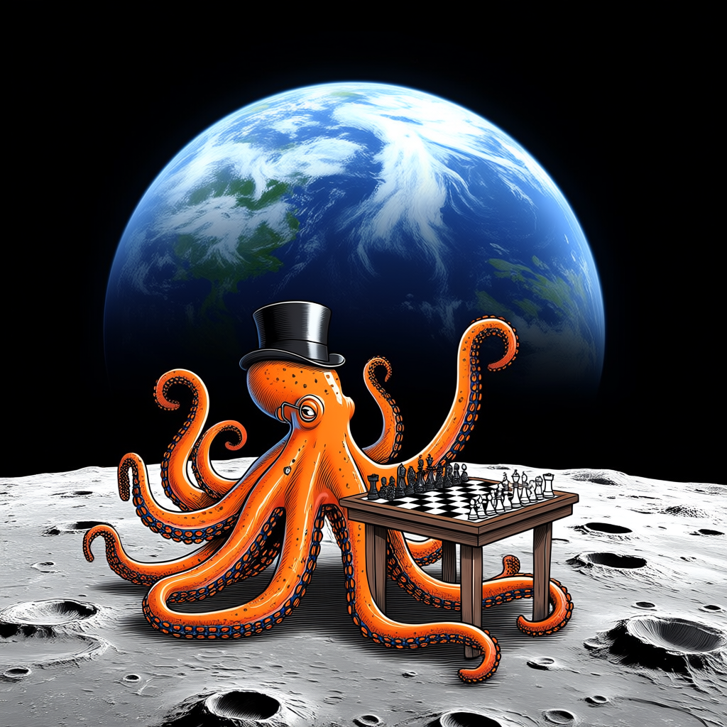 An octopus wearing a top hat and monocle playing chess on th