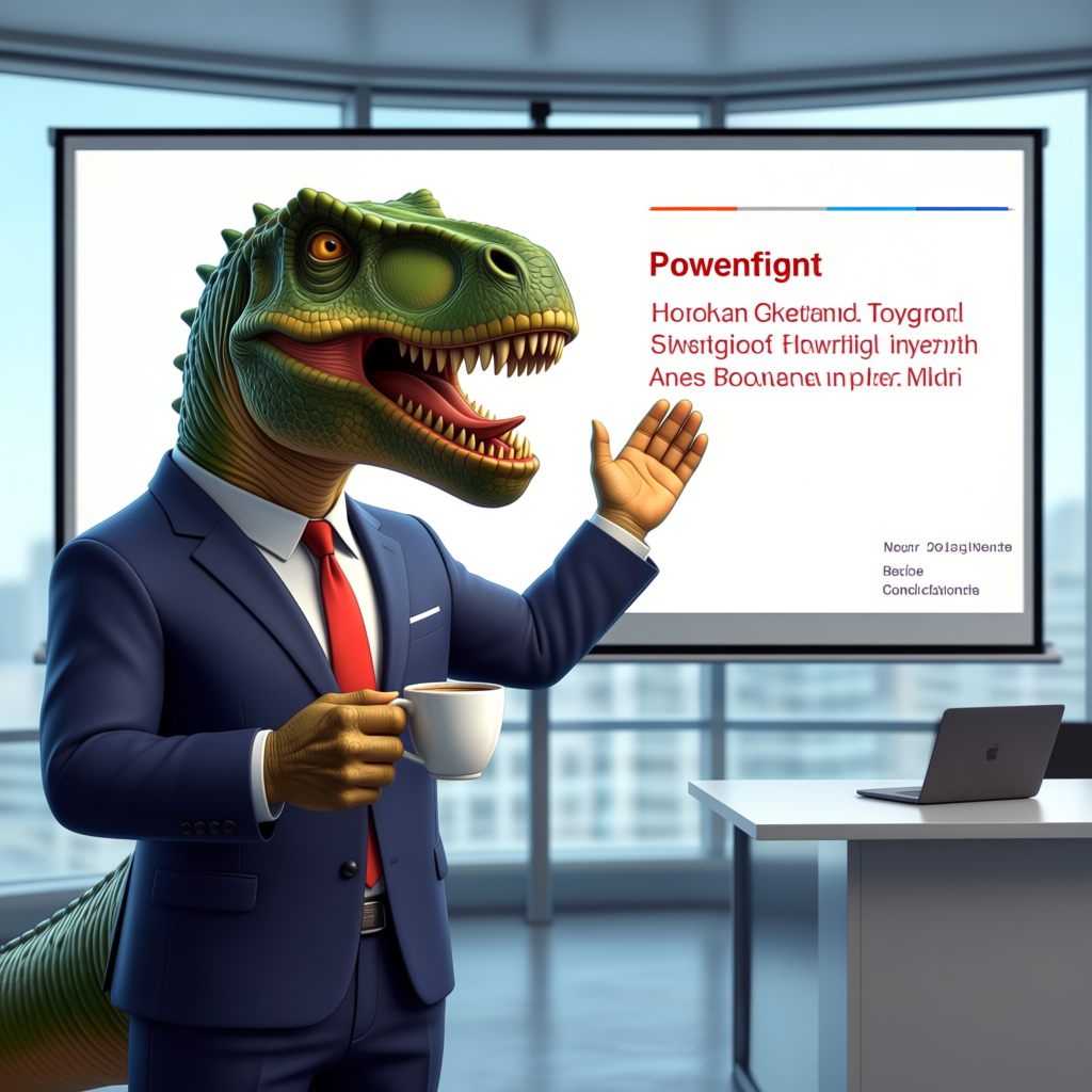 A dinosaur in a business suit giving a PowerPoint presentati