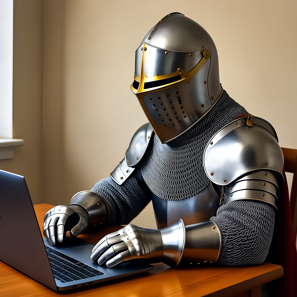 A medieval knight in full armor sitting at a desk typing on 