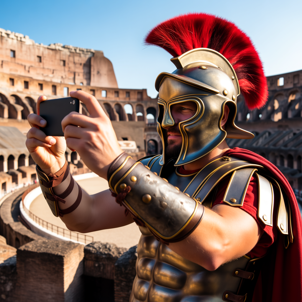 A Roman gladiator taking a selfie with a smartphone in the C