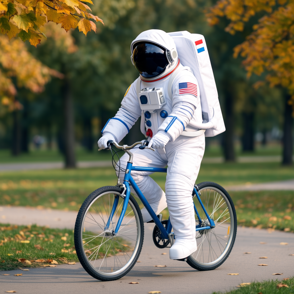 An astronaut in a spacesuit riding a bicycle through a park
