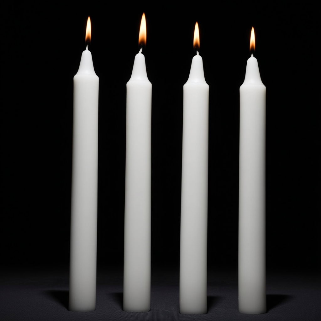Exactly 4 white candles standing on a dark surface