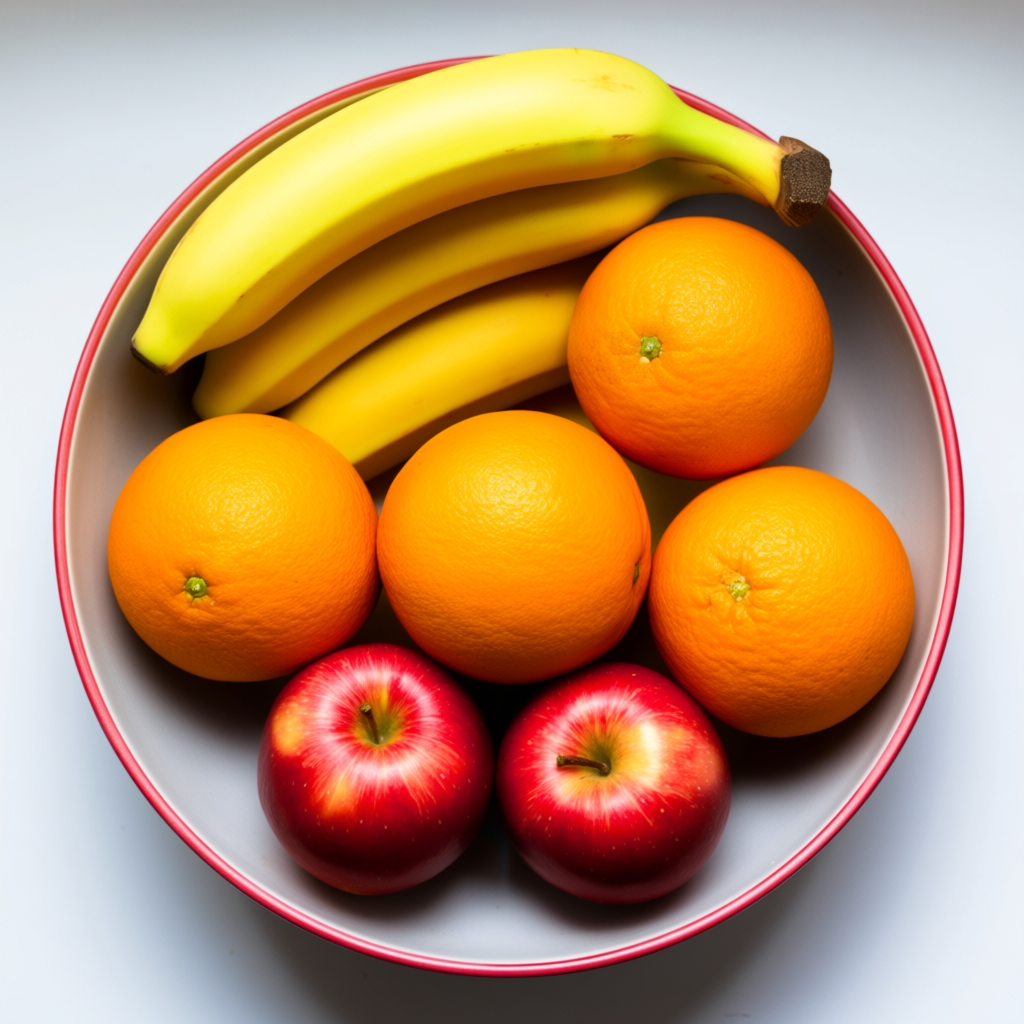 A fruit bowl containing exactly 3 bananas, 4 oranges, and 2 