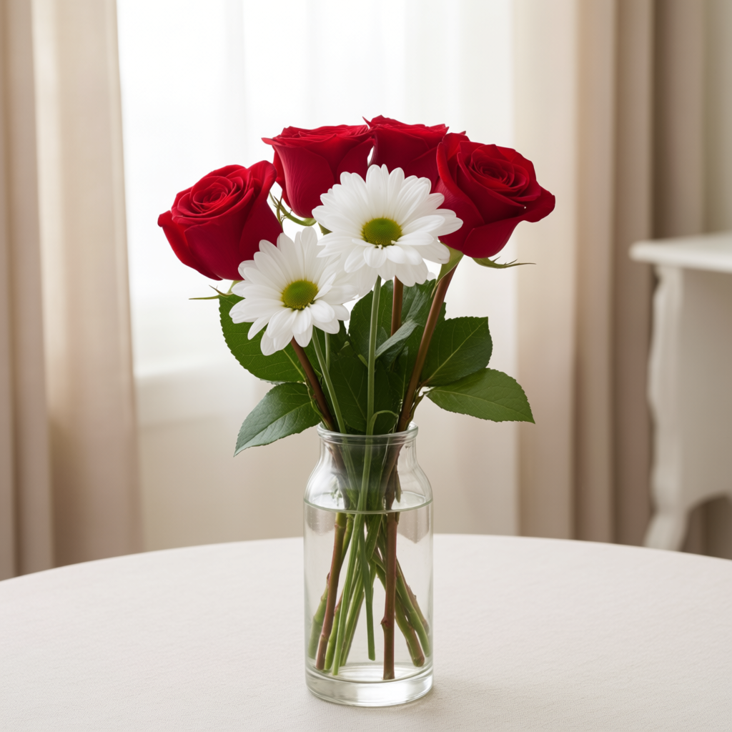 4 red roses and 2 white daisies in a glass vase on a table