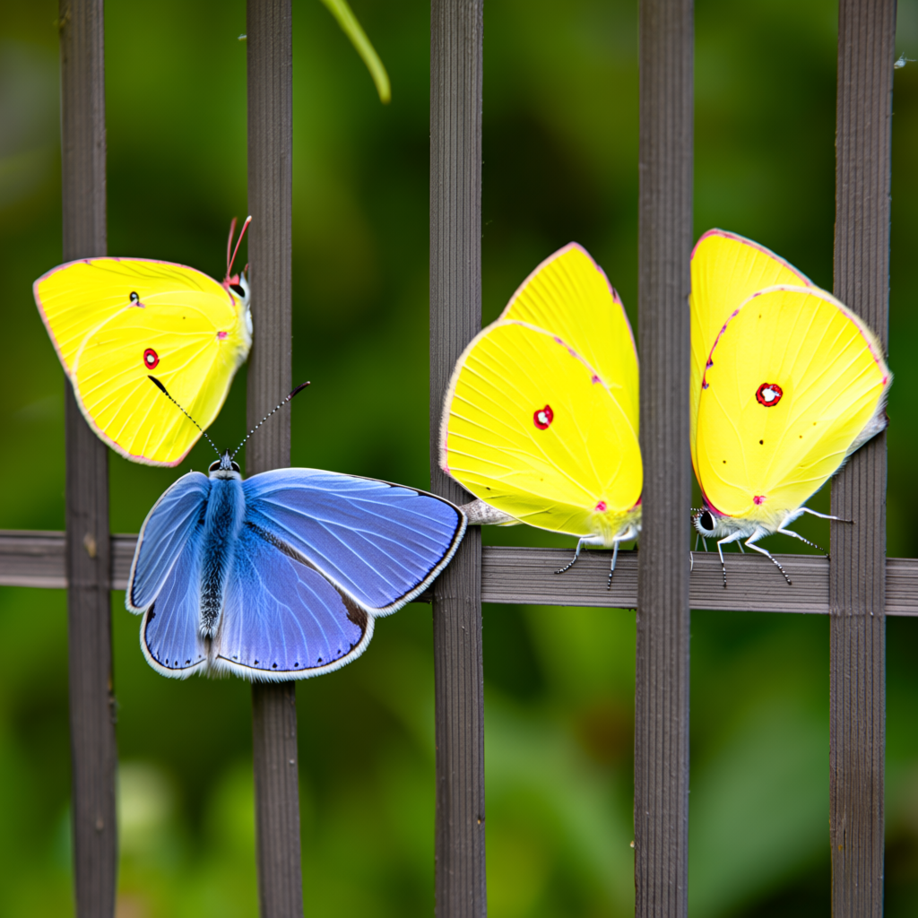 1 blue butterfly and 3 yellow butterflies resting on a garde