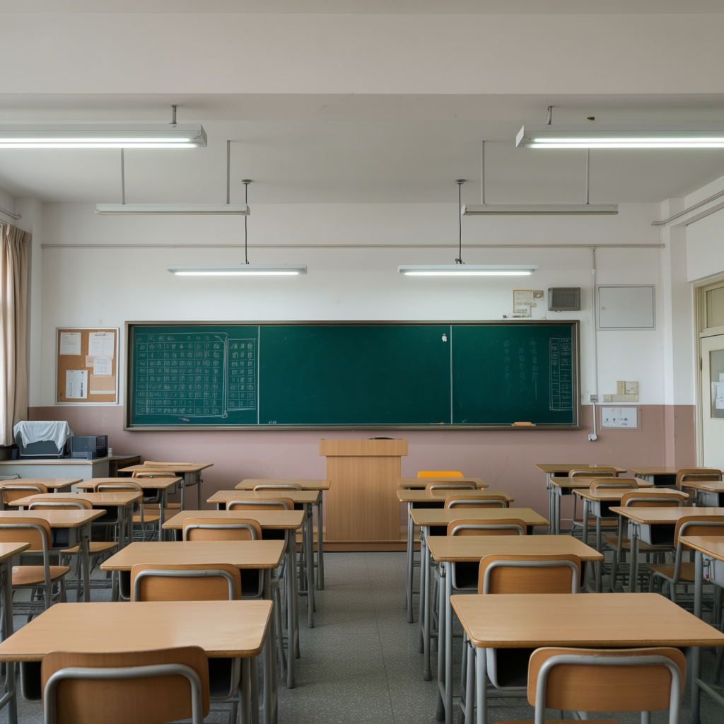 A classroom with desks and a chalkboard but no students