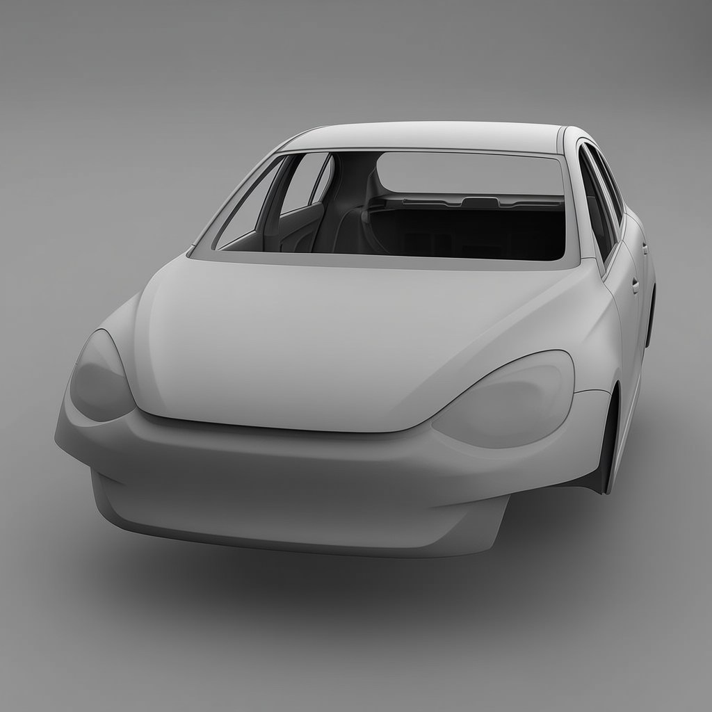A car body with windows, doors, and headlights but no wheels