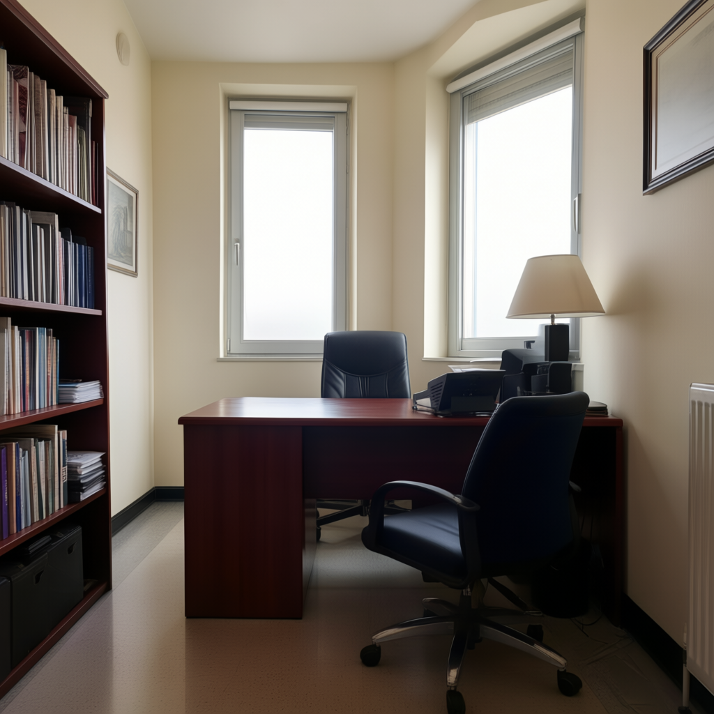 An office workspace with a desk, chair, bookshelf, and lamp 