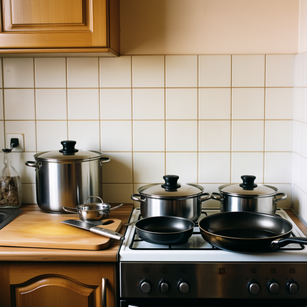 A kitchen with pots, pans, a stove, and a cutting board but 