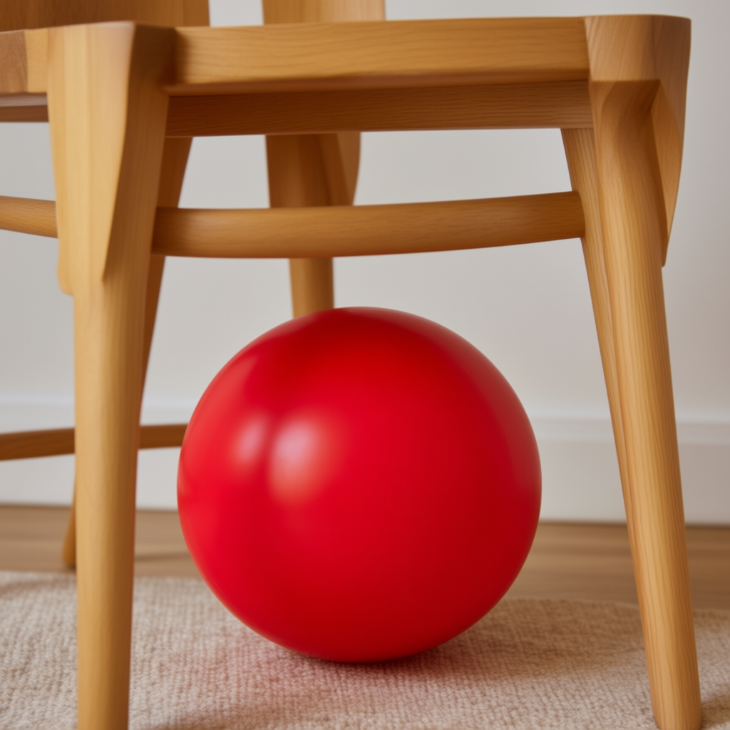 A red ball underneath a wooden chair