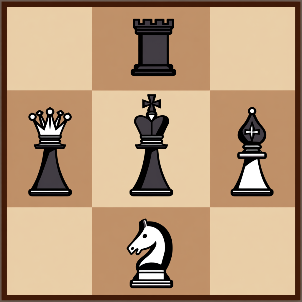 Five chess pieces on a board: a king in the center, a queen 