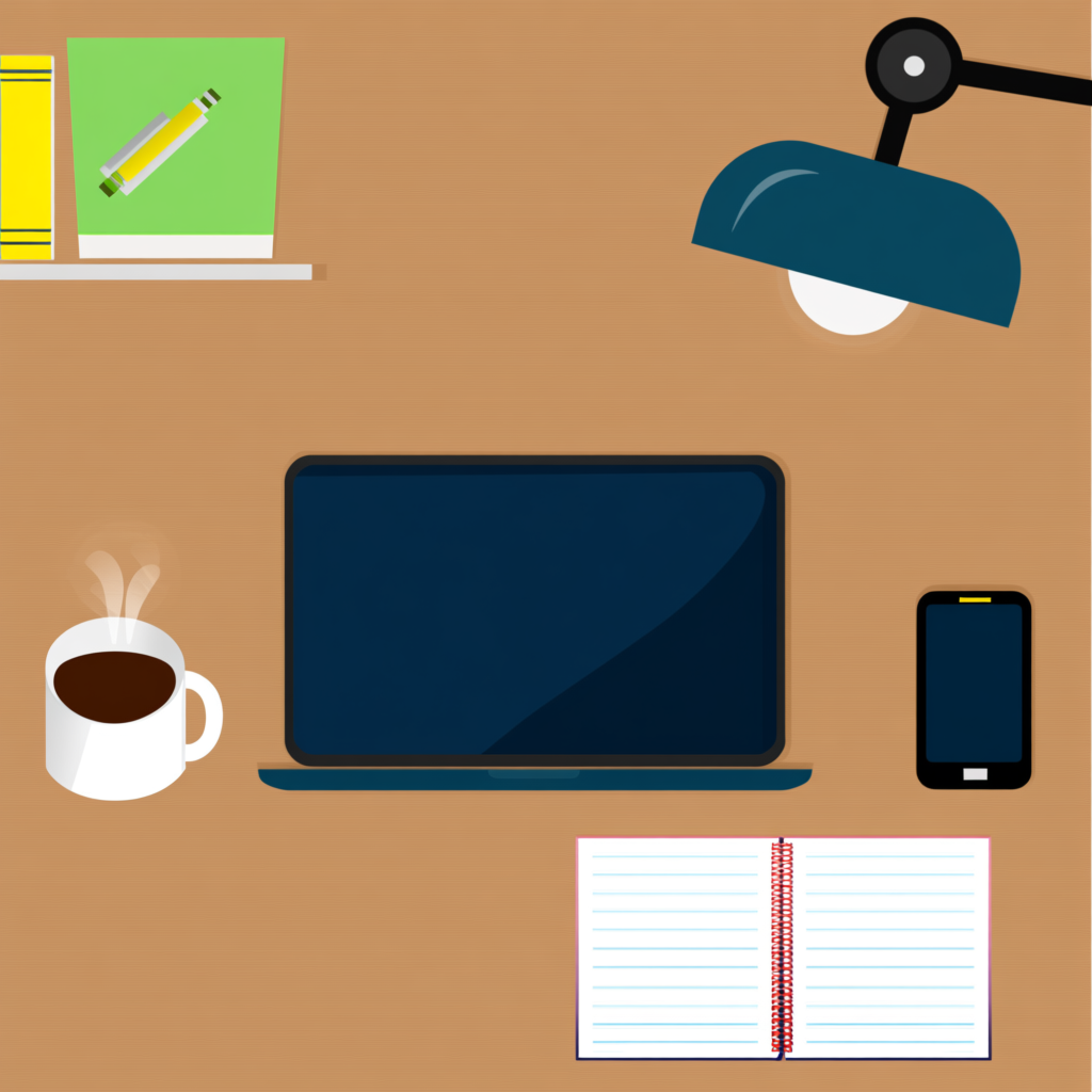 A desk scene: laptop in the center, coffee mug to the left, 