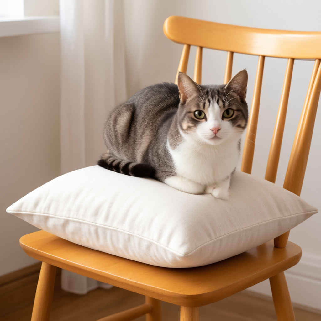 A cat sitting on a pillow, the pillow placed on a wooden cha