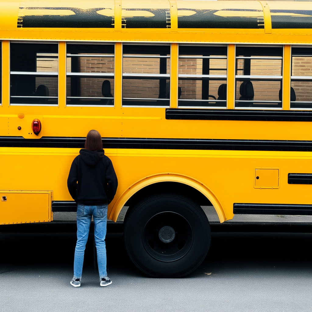 A person standing next to a yellow school bus, showing reali