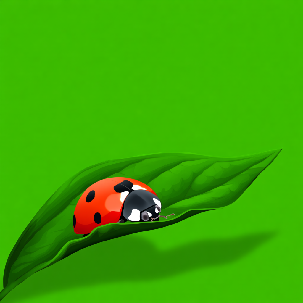 A ladybug sitting on a large green leaf, shown at realistic 