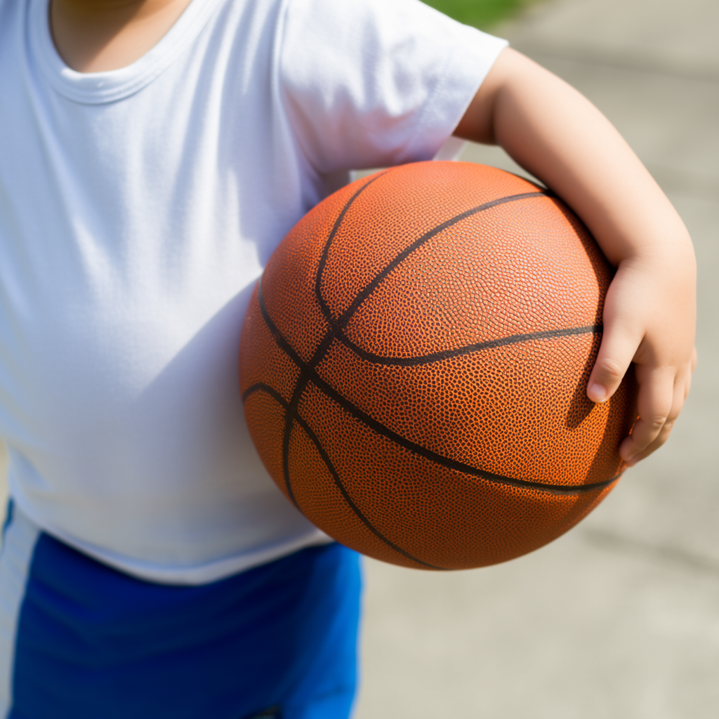 A child holding a basketball, both at correct relative sizes
