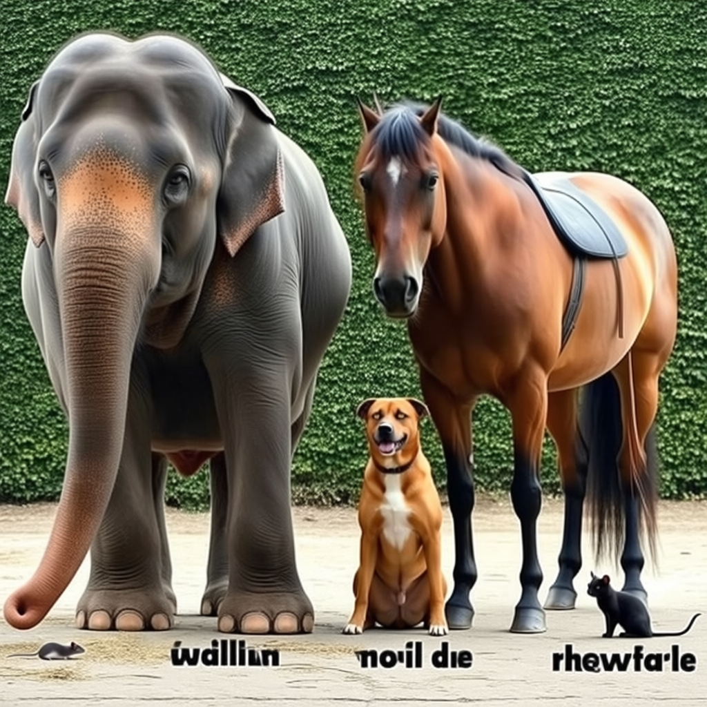 A group photo of an elephant, a horse, a dog, a cat, and a m