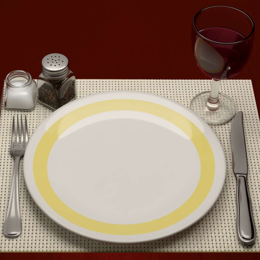 A dinner table scene with a plate, fork, knife, wine glass, 