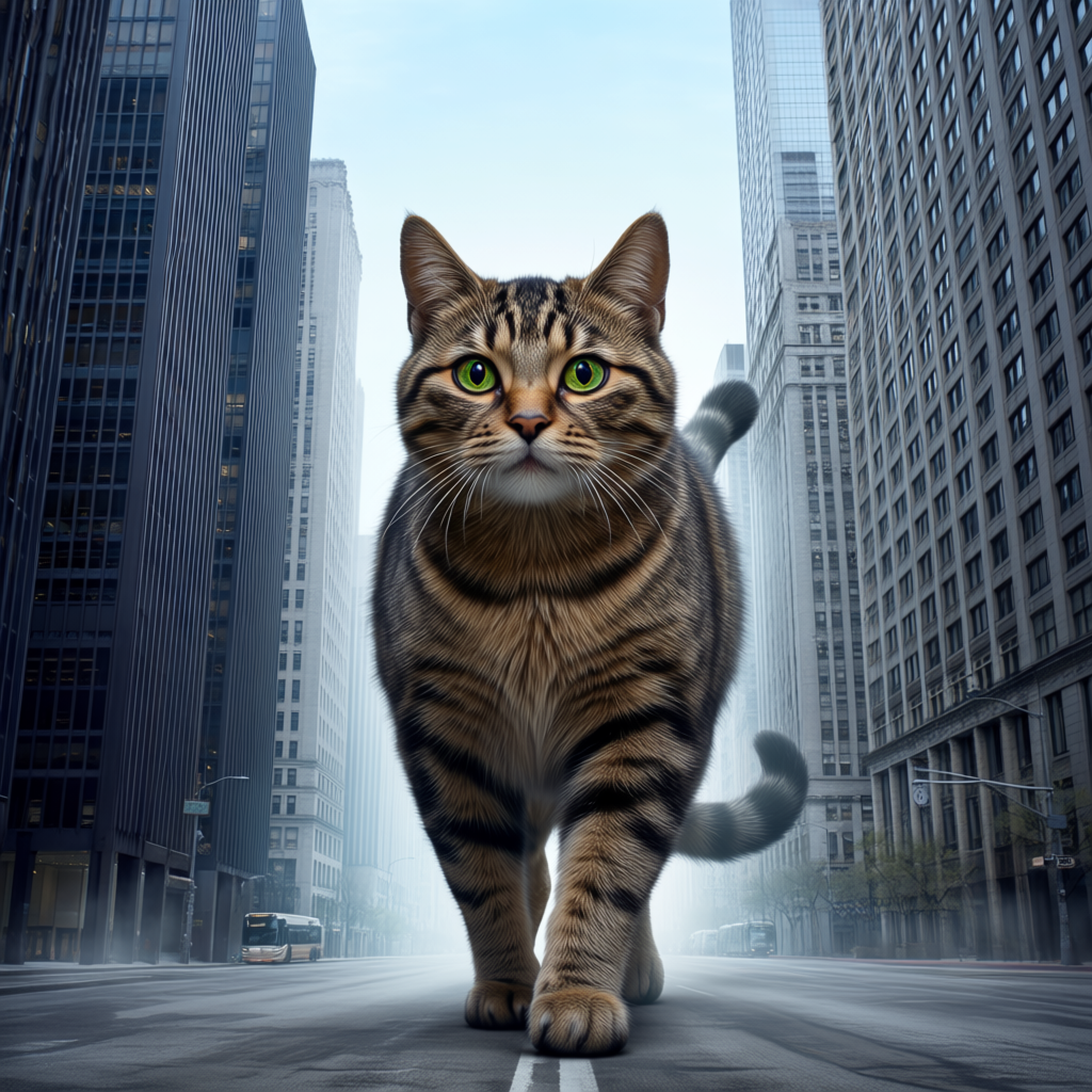 A giant tabby cat walking between city skyscrapers like a ka