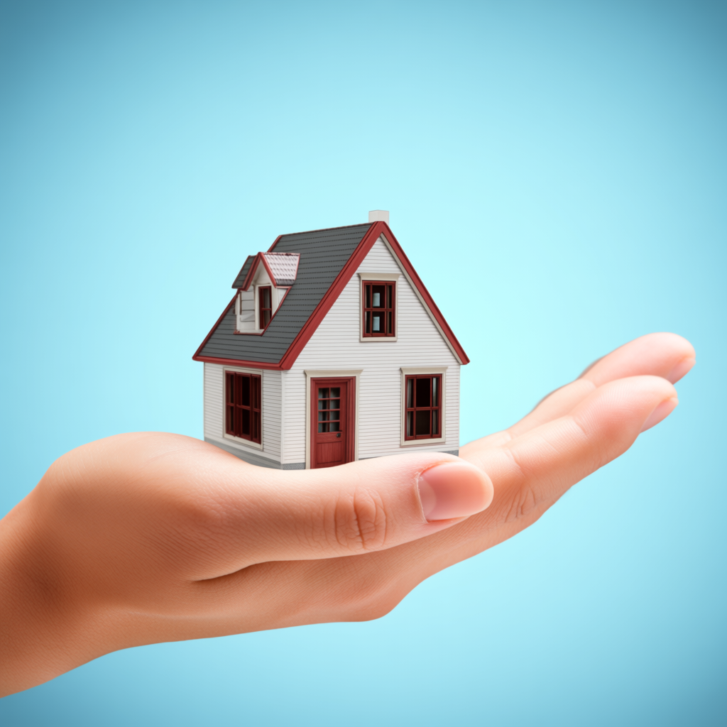 A miniature house sitting on the palm of someone's hand