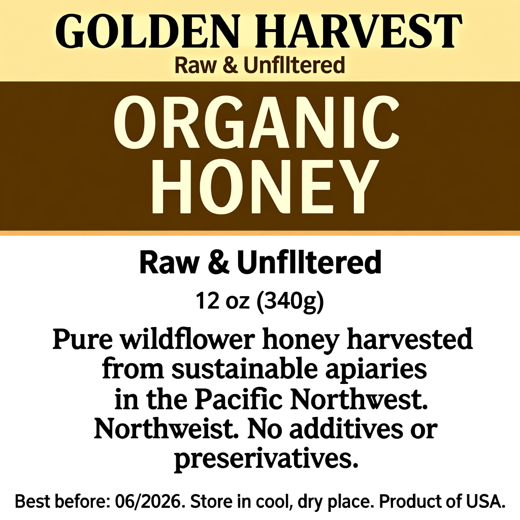 A product label for 'GOLDEN HARVEST ORGANIC HONEY' with subt