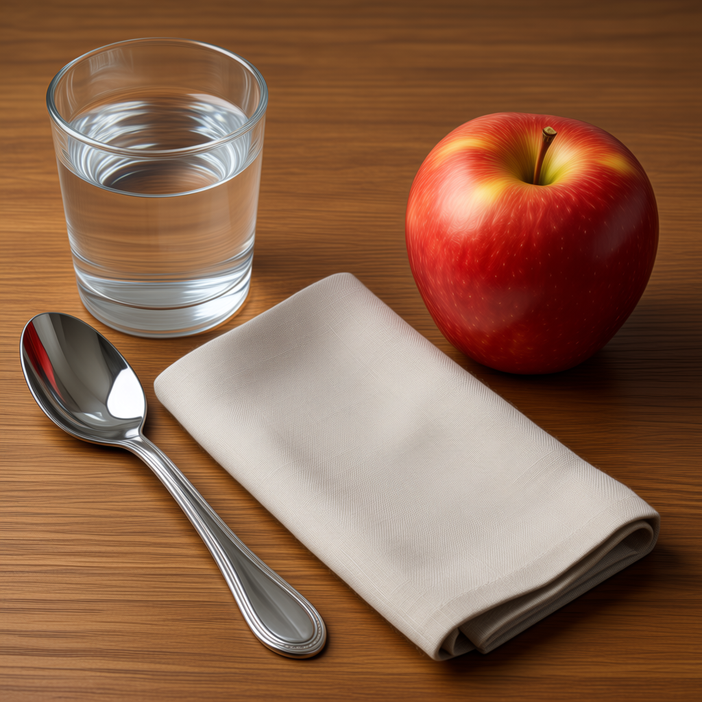A still life on a wooden table featuring a clear glass of wa