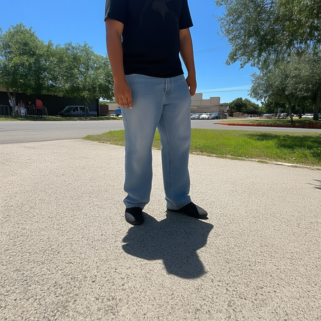 A person standing outdoors at midday with a short shadow dir