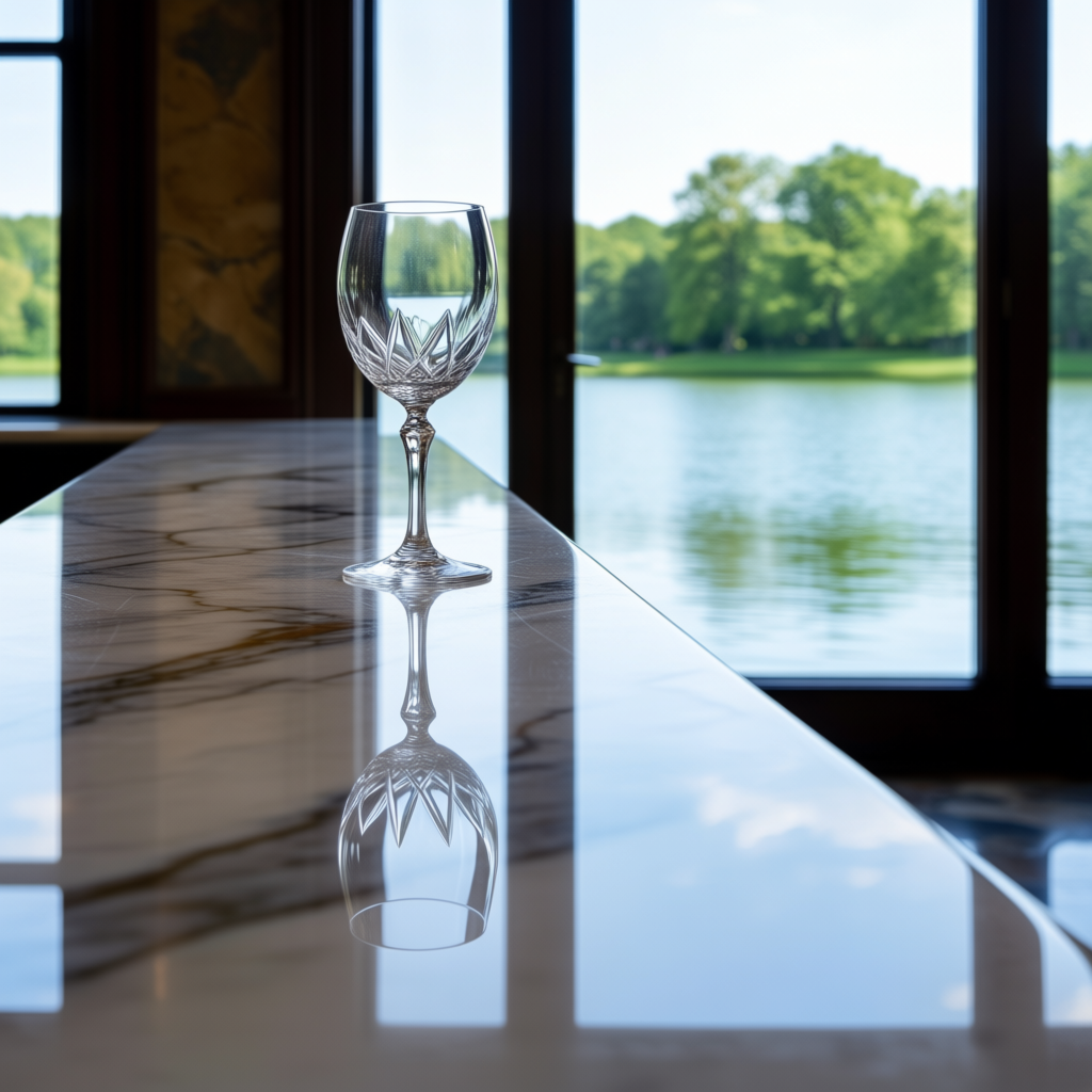 A crystal wine glass on a polished marble counter next to a 