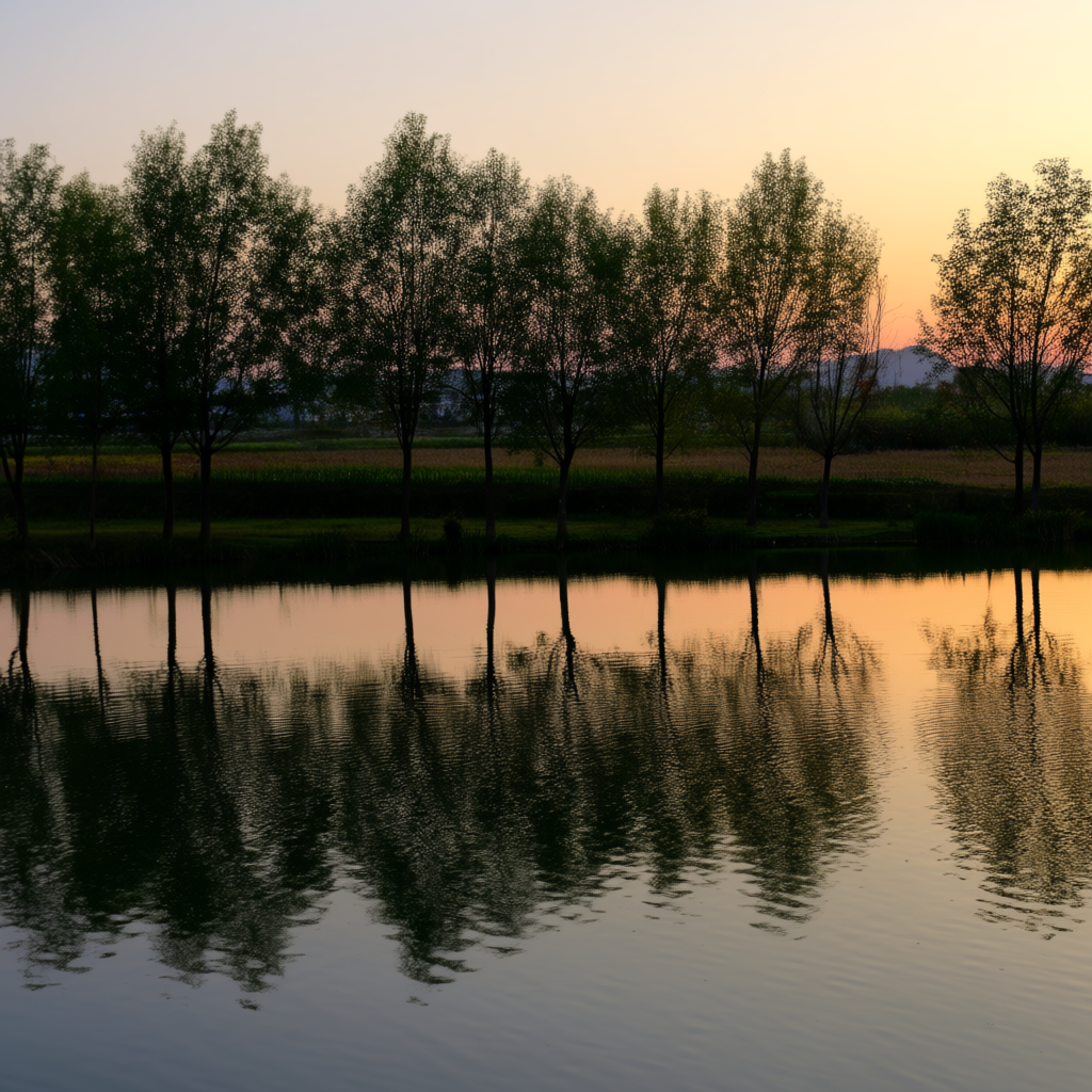 A row of trees reflected in a calm lake at sunset, with the 