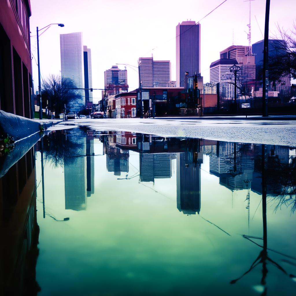 A city skyline reflected in a rain puddle on a street, with 