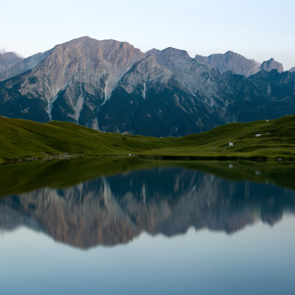 A mountain range reflected in a still alpine lake, with the 