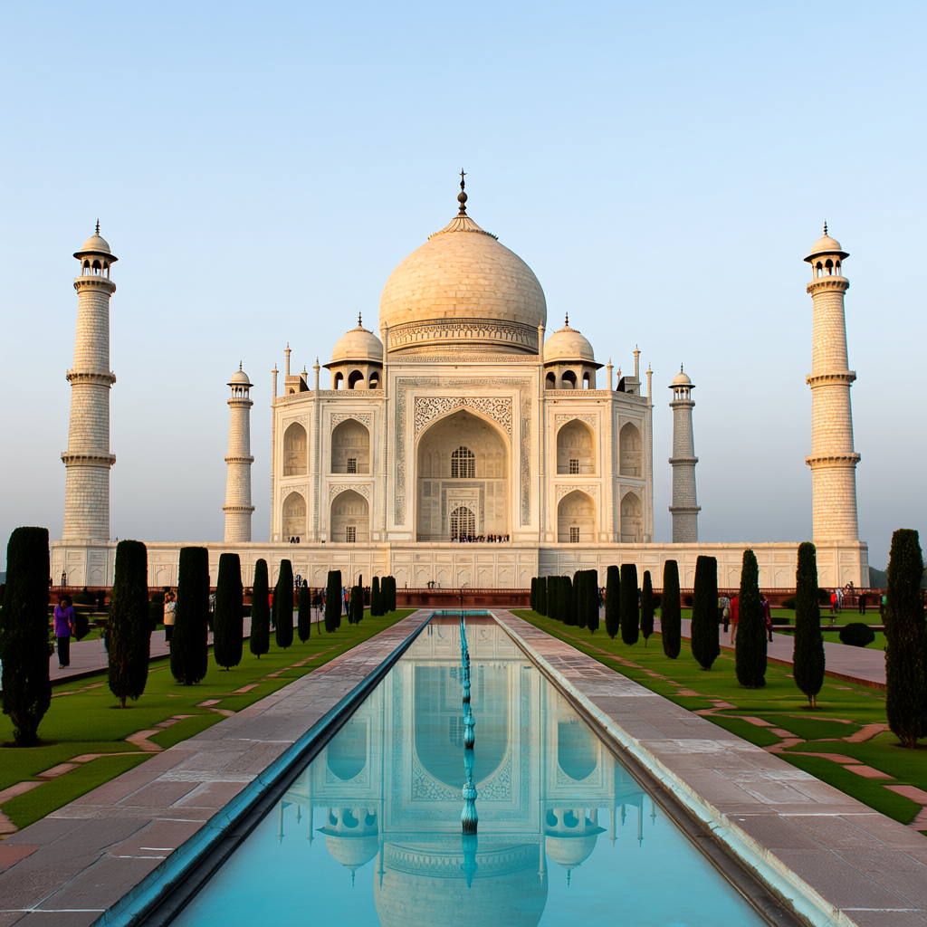 The Taj Mahal in Agra seen from the reflecting pool, with ac