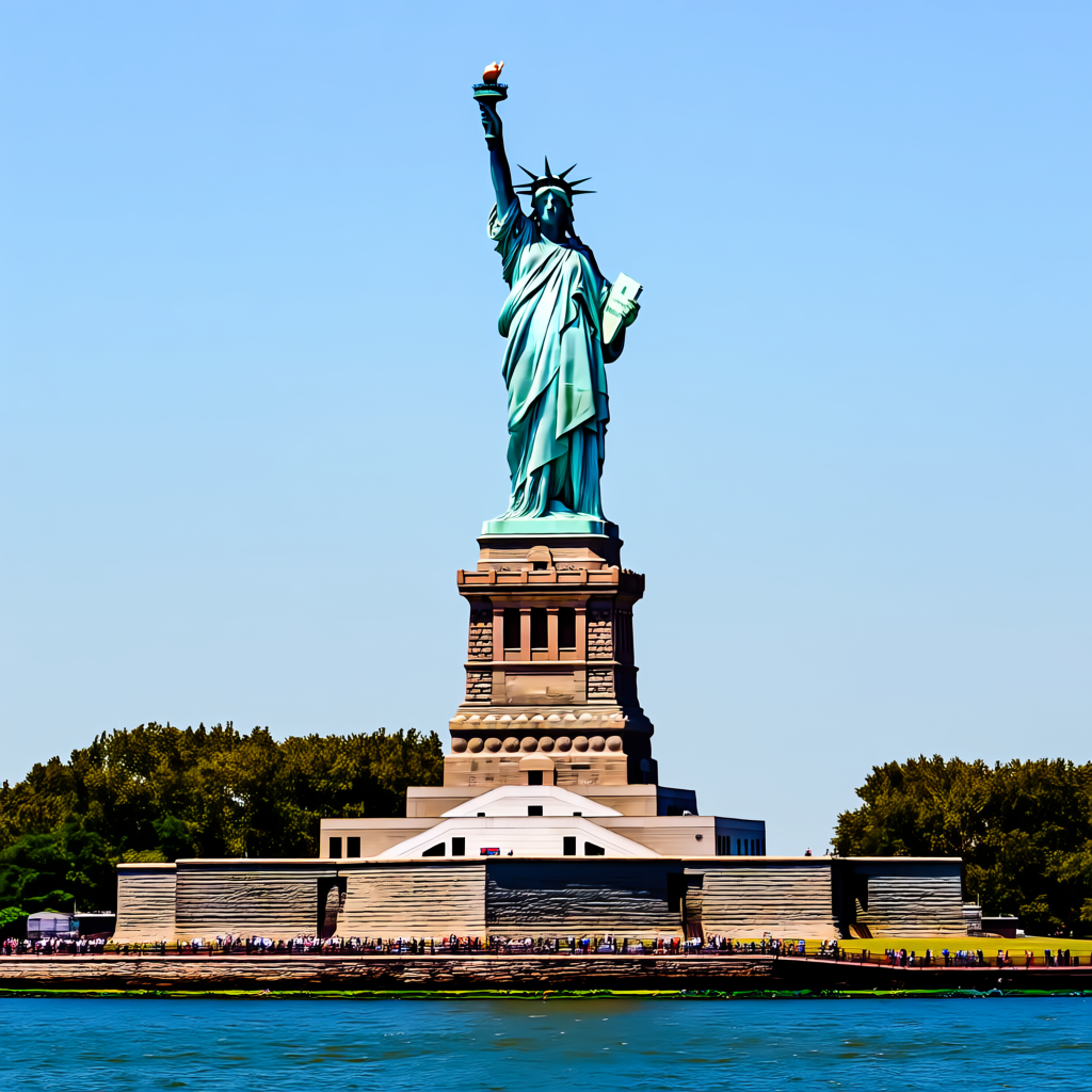 The Statue of Liberty on her island pedestal, with correct t