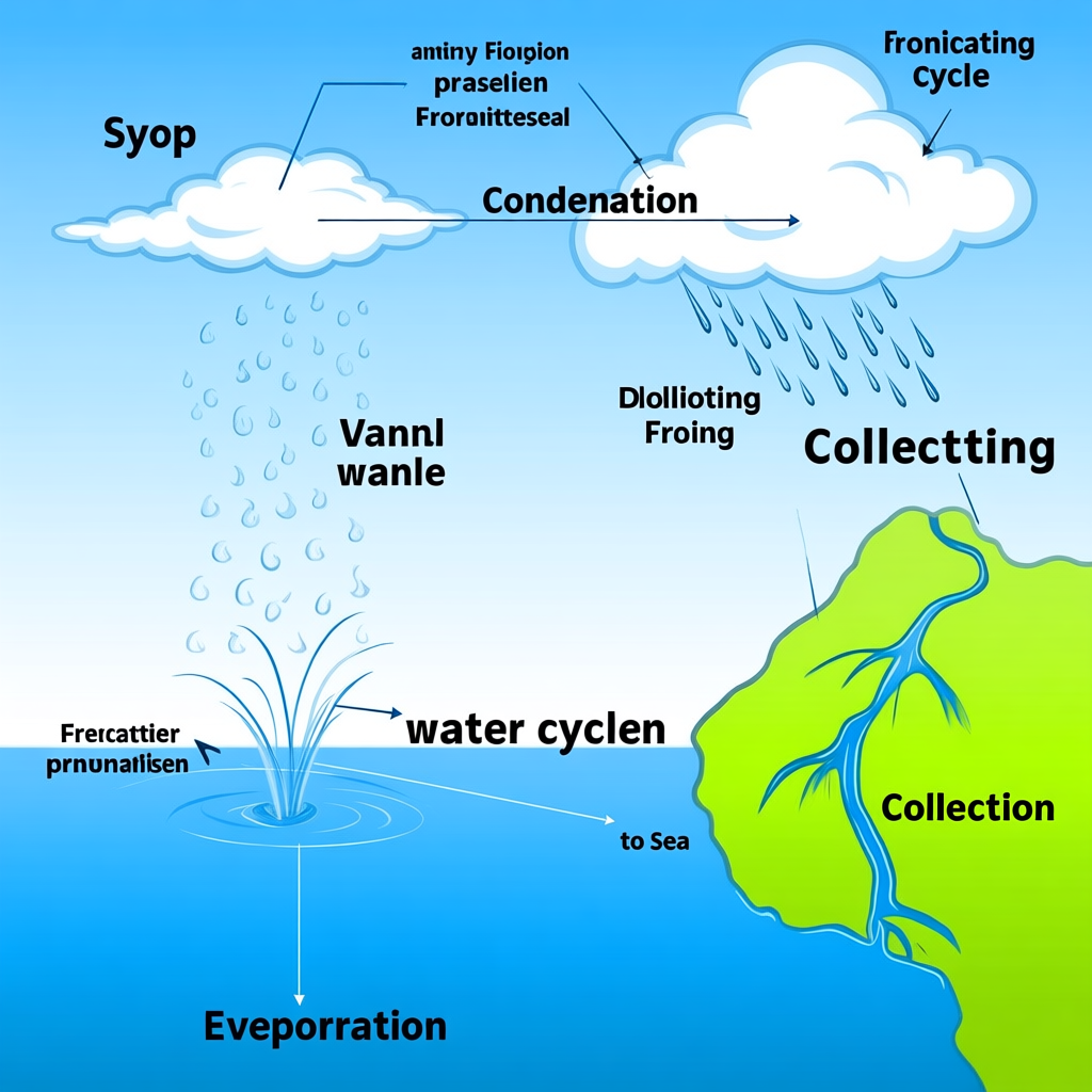 A detailed diagram of the water cycle showing evaporation fr