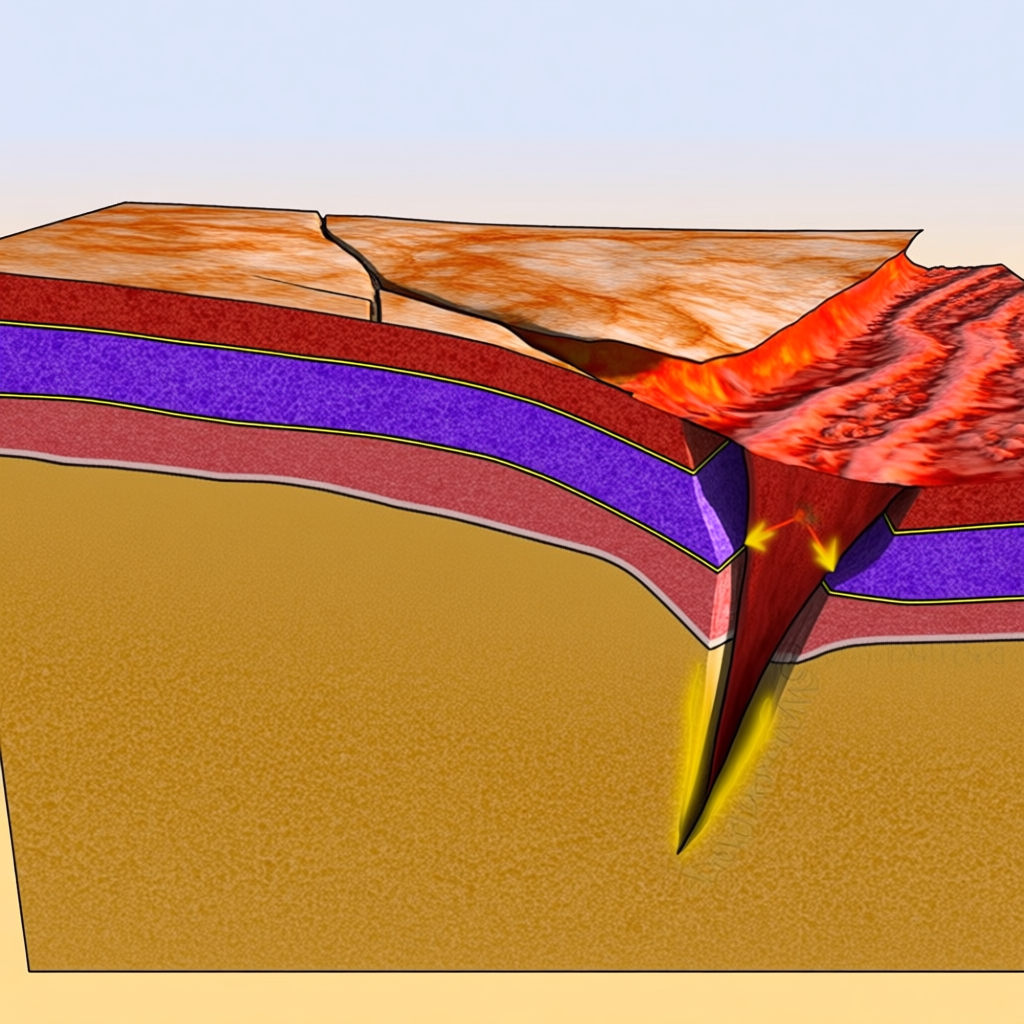 A cross-section showing tectonic plates at a convergent boun
