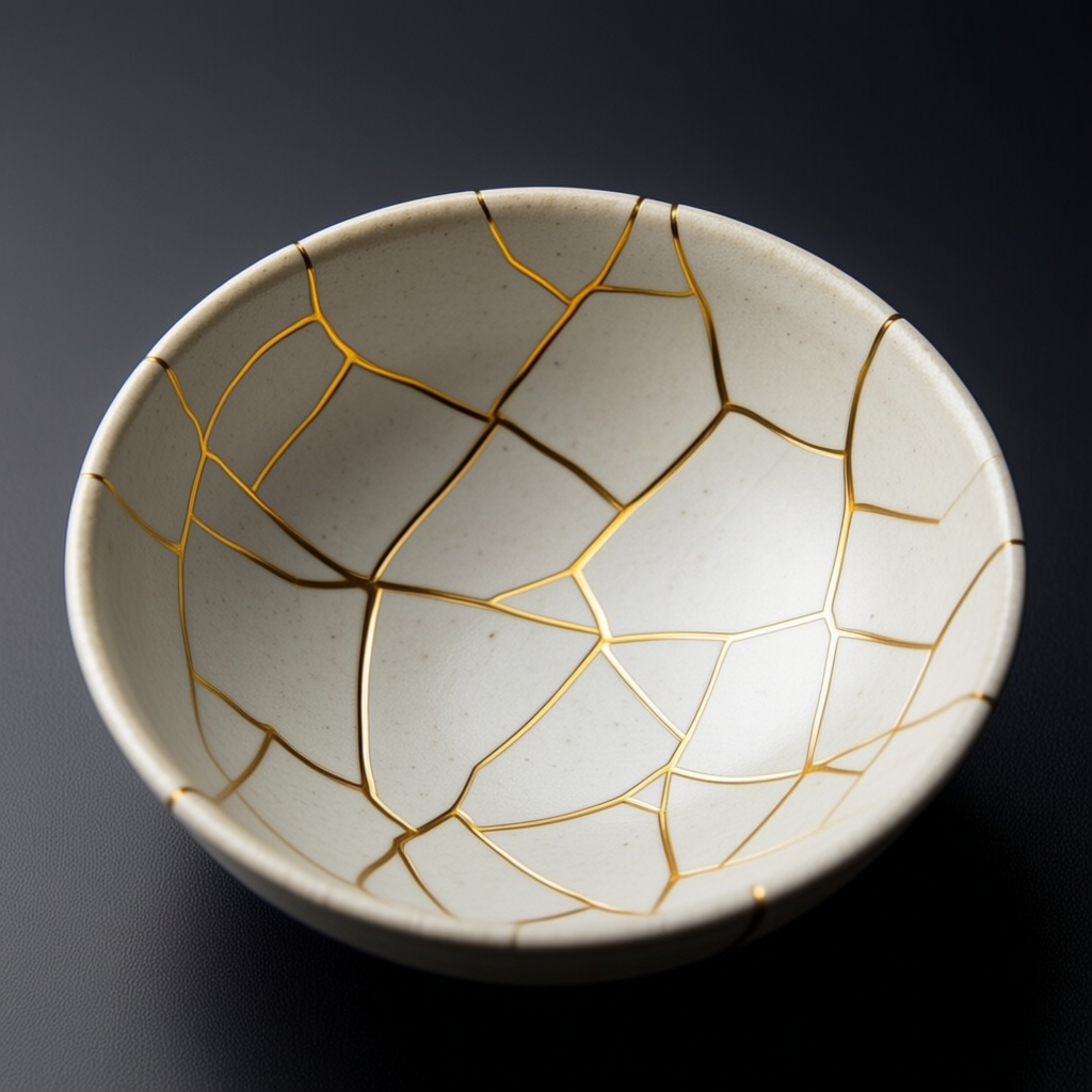 A Japanese kintsugi bowl — cracked ceramic repaired with vis