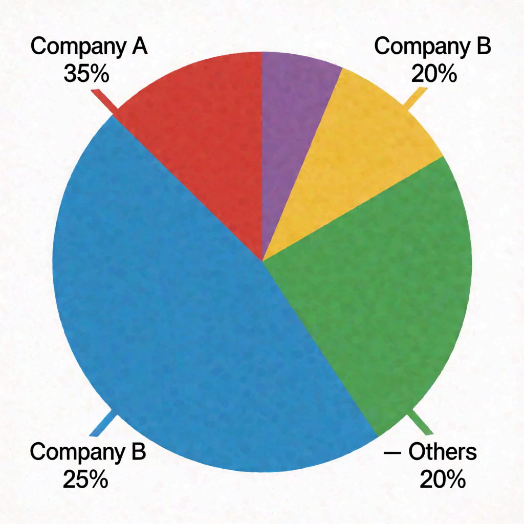 A pie chart showing market share: Company A 35%, Company B 2