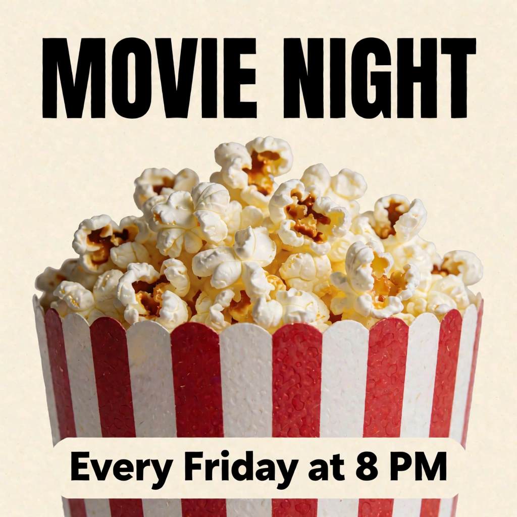 A movie night poster with a large popcorn image in the cente