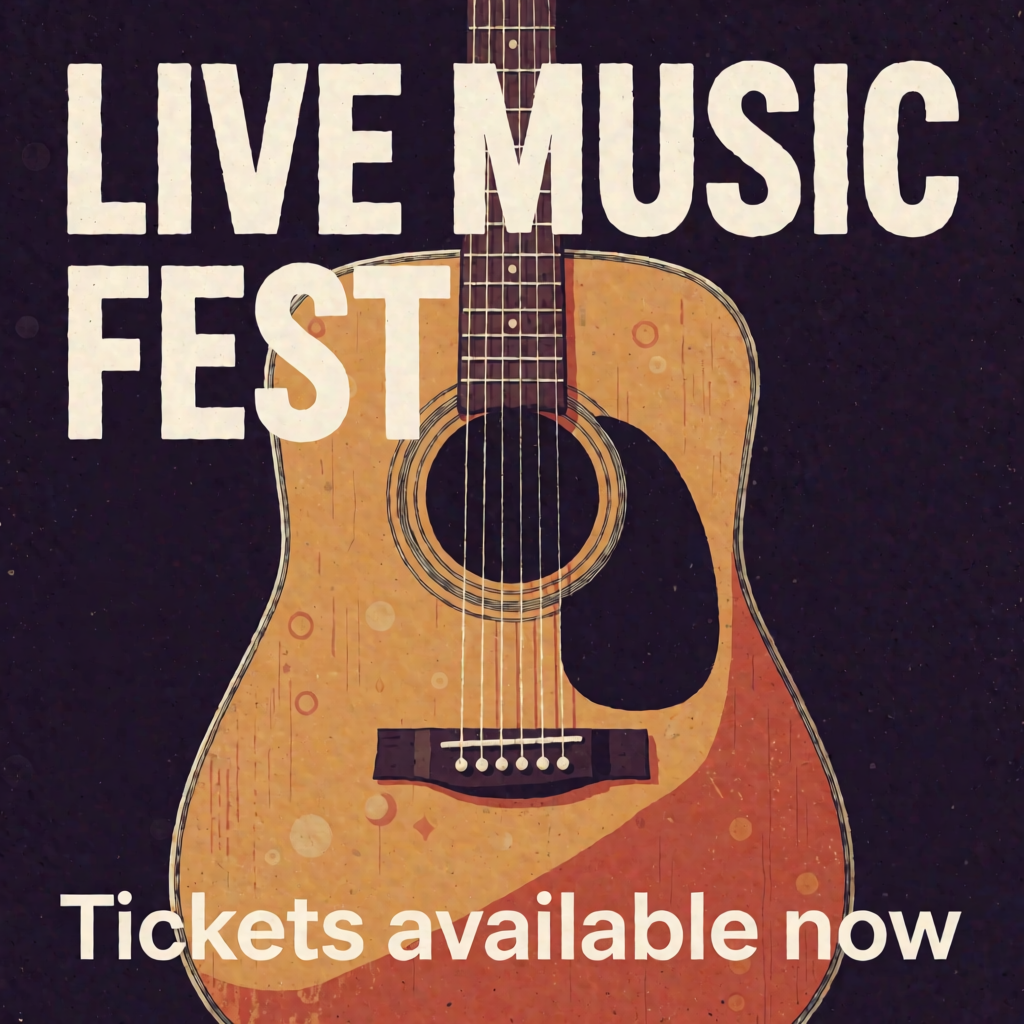 An event poster featuring a guitar illustration, the headlin
