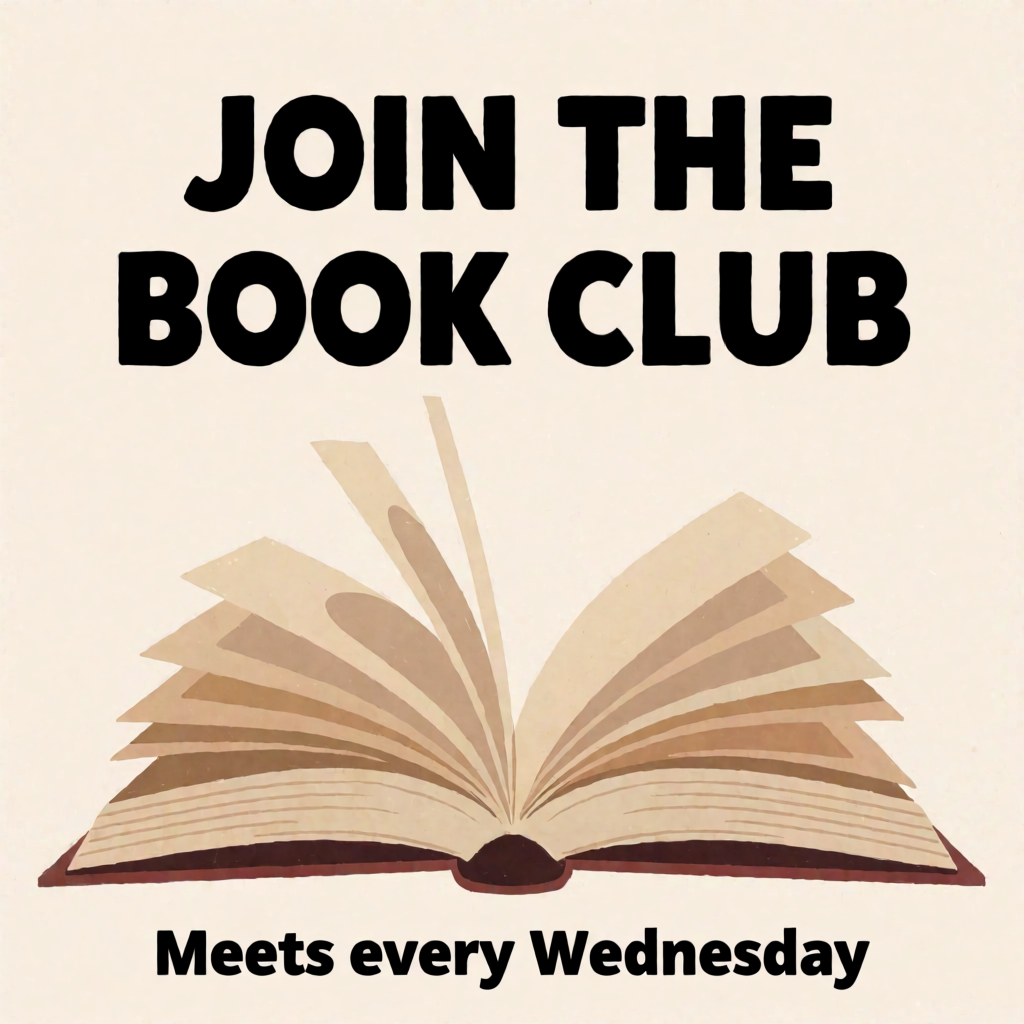 A book club poster with an open book illustration, the title