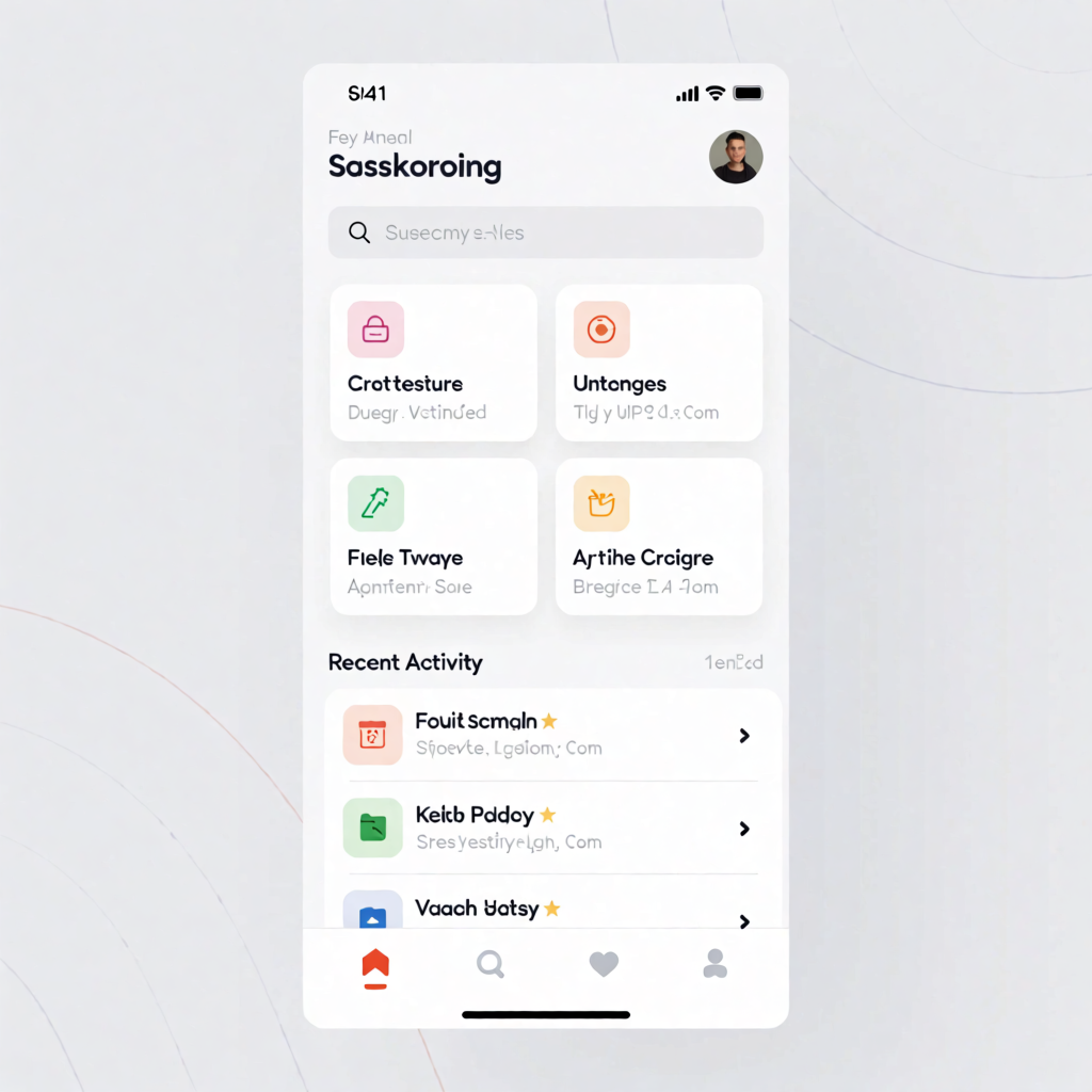 A mobile app UI mockup showing a dashboard with a top naviga