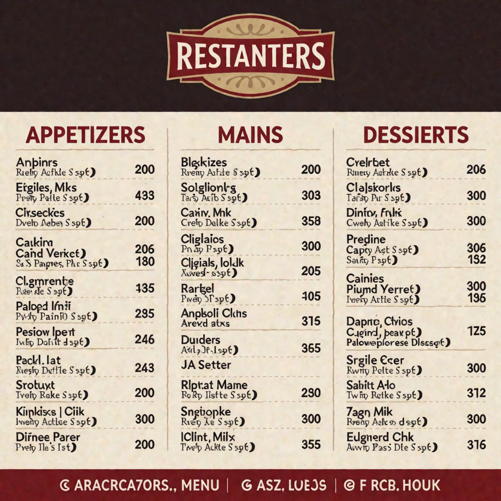 A restaurant menu layout with a logo header, three category 
