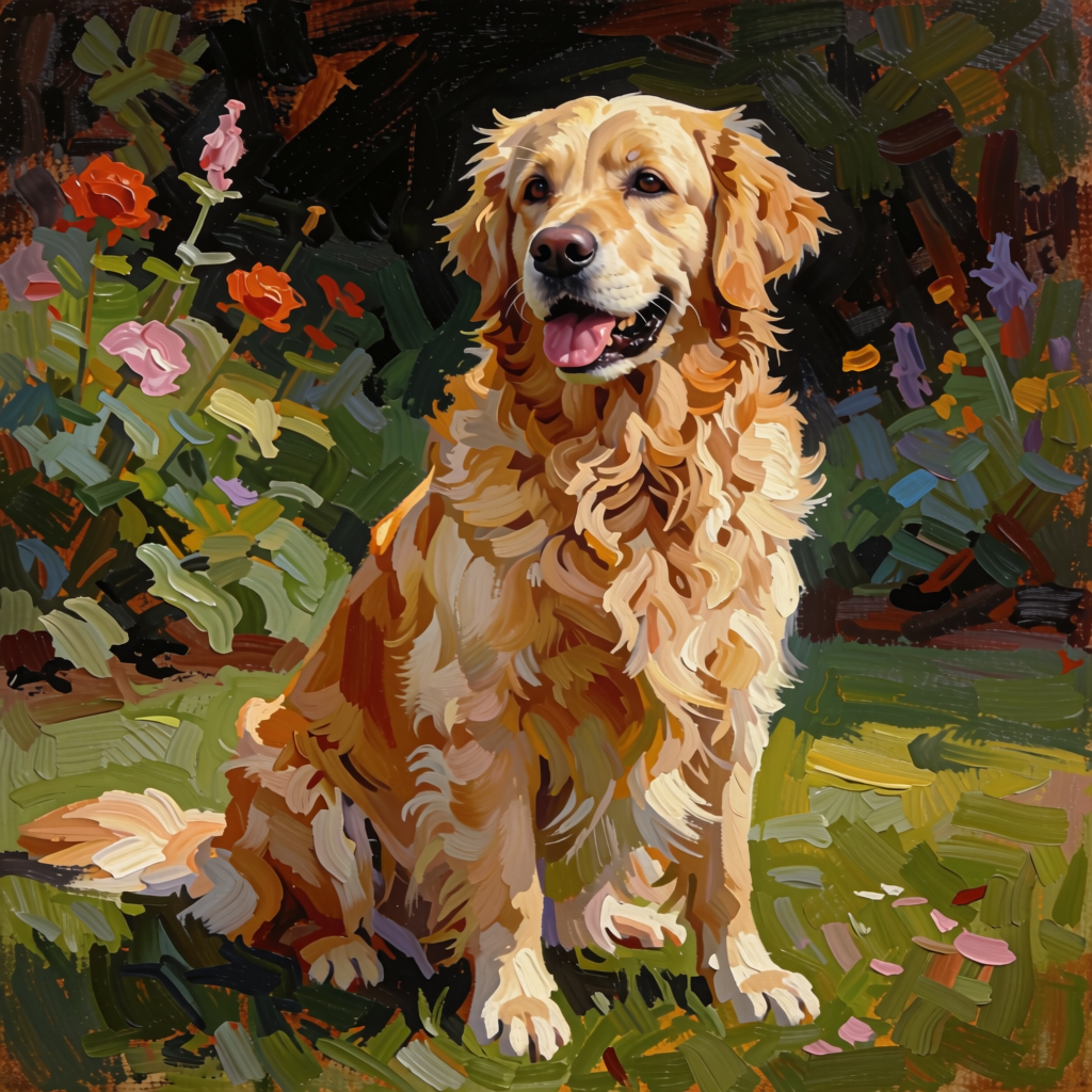 A golden retriever sitting in a garden, painted in the style