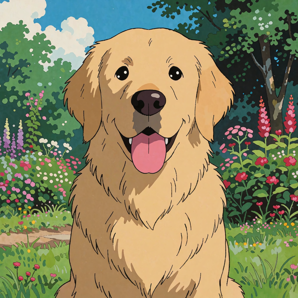 A golden retriever sitting in a garden, rendered in Japanese