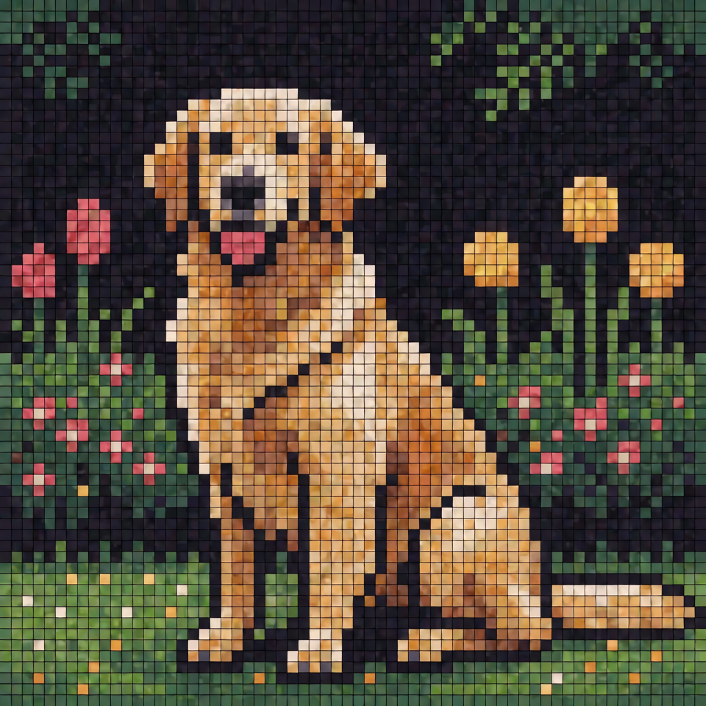 A golden retriever sitting in a garden, rendered in pixel ar