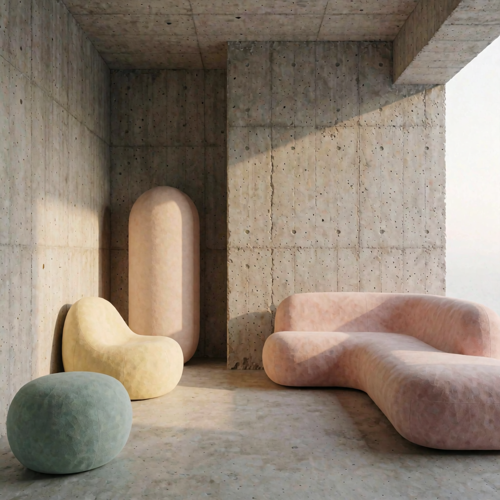 An interior scene rendered in soft brutalism — raw concrete 