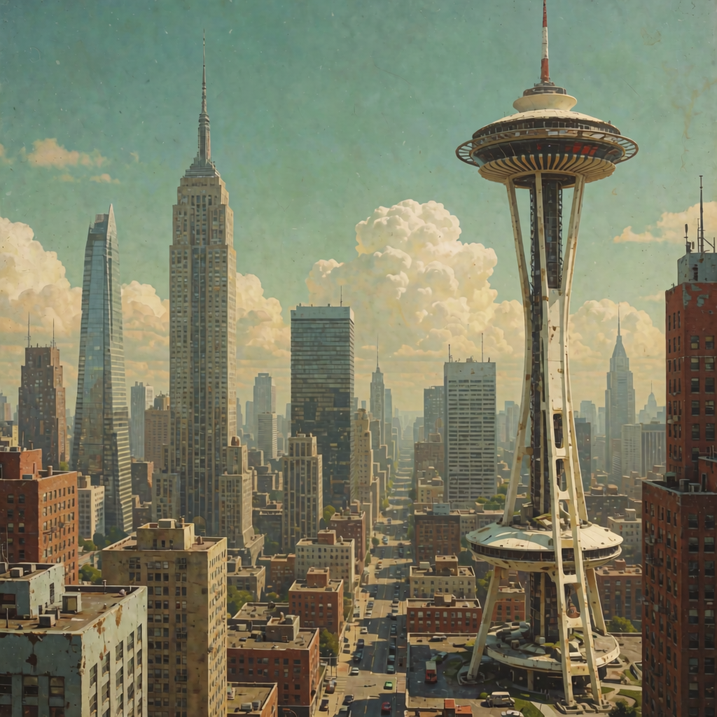 A cityscape rendered in nostalgic futurism — retro-futuristi