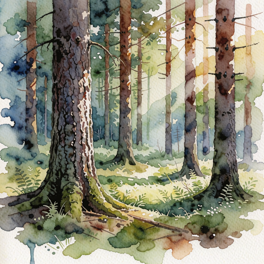 A forest rendered in photorealistic watercolor — the detail 