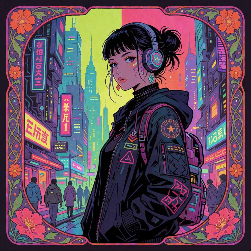 A woman in a futuristic city rendered in cyberpunk Art Nouve