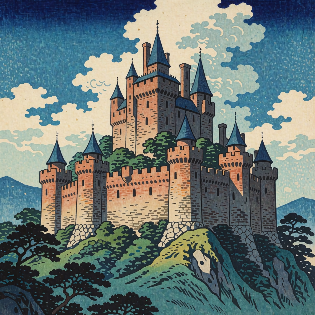 A medieval castle depicted in Japanese ukiyo-e woodblock pri